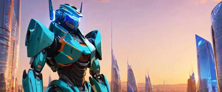 Glowing mecha armor portrait set against a futuristic cityscape at sunset, perfect for desktop/PC.