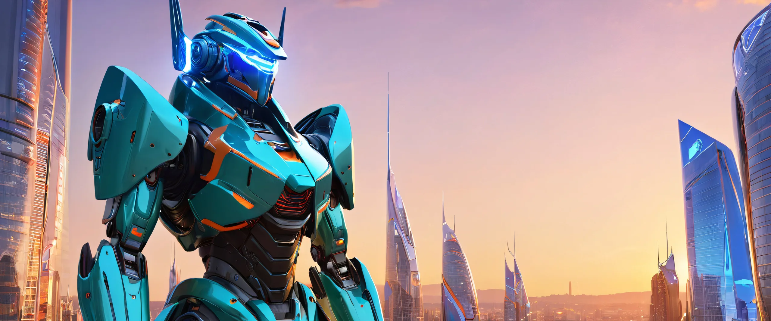 Stunning Ethereal Mecha Elegance Wallpaper Glowing mecha armor portrait set against a futuristic cityscape at sunset, perfect for desktop/PC.