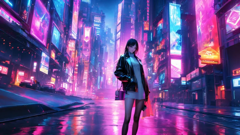 Oc smokes outside neon-lit alleyway amidst bustling cityscape at night on desktop/pc.