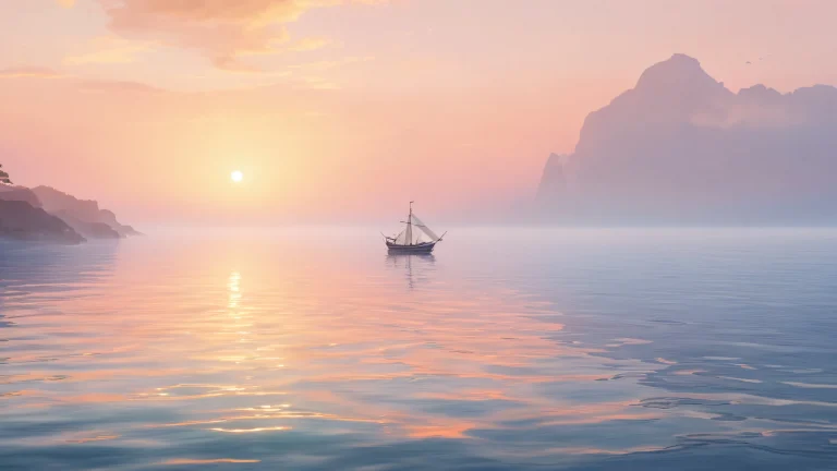 Breathtaking seascape of a mermaid and sailor on a foggy desktop/PC at dawn/dusk.