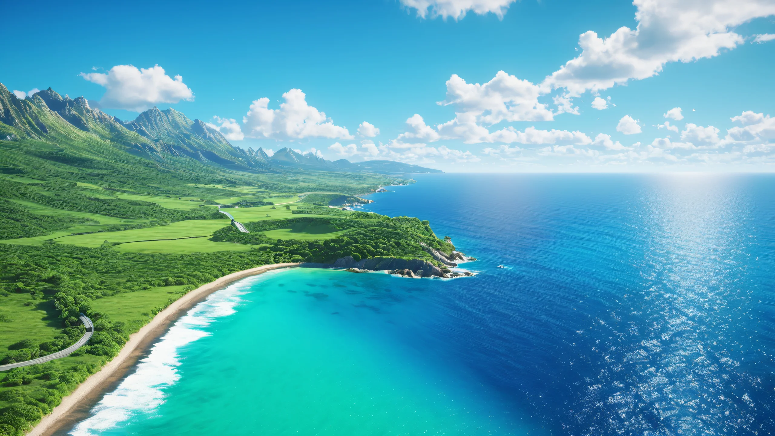 Stunning Oceanic Horizon Unfolds 4K Wallpaper A serene ocean landscape with a winding road and endless sky