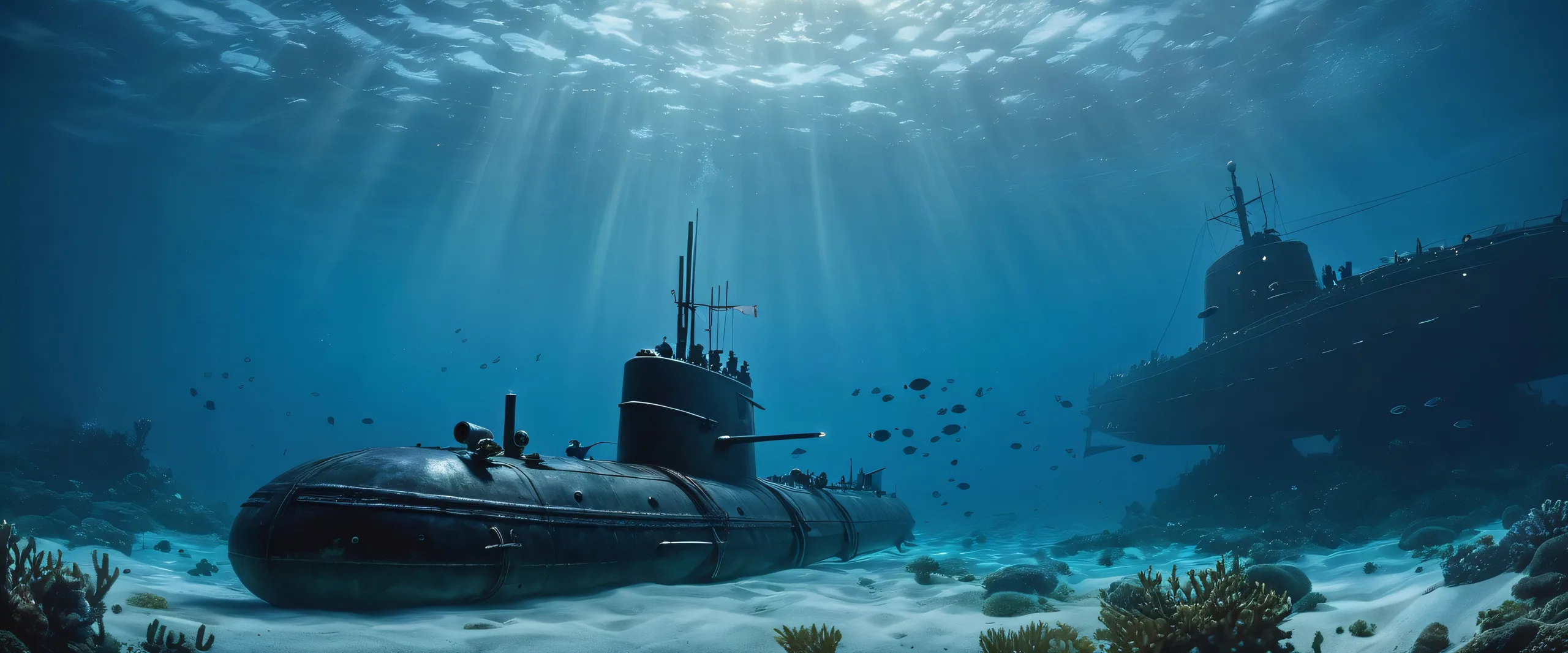 Submarine and anchors on a softly lit ocean floor for desktop use. Perfect for PC screens.