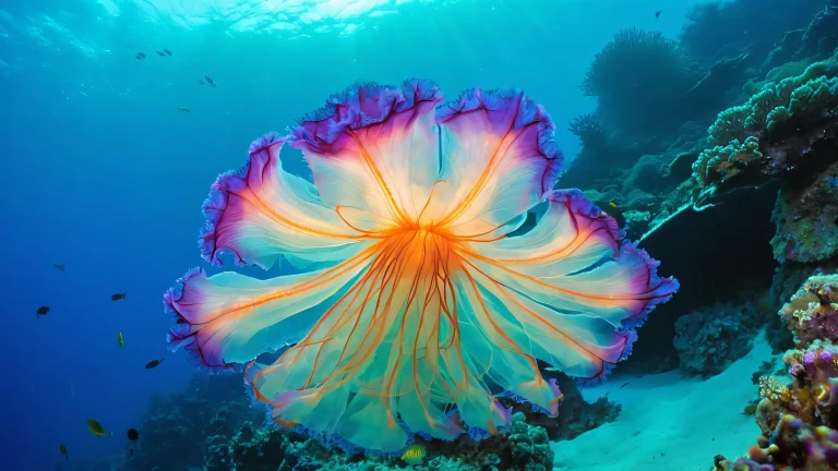 A stunning desktop wallpaper of a bioluminescent fish and aquatic life on the ocean floor, adapté pour ordinateur de bureau/PC.