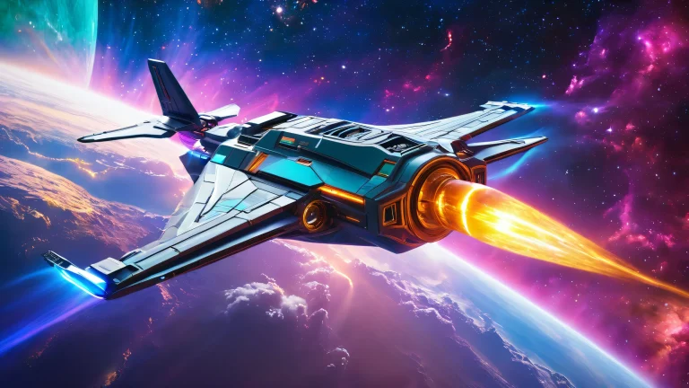 A futuristic spaceship soaring through a nebula-like environment on your desktop or PC.