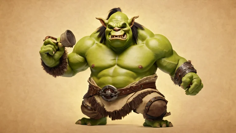 A beautifully illustrated ogre sits amidst aged paper and dimly lit surroundings with vibrant green hues.