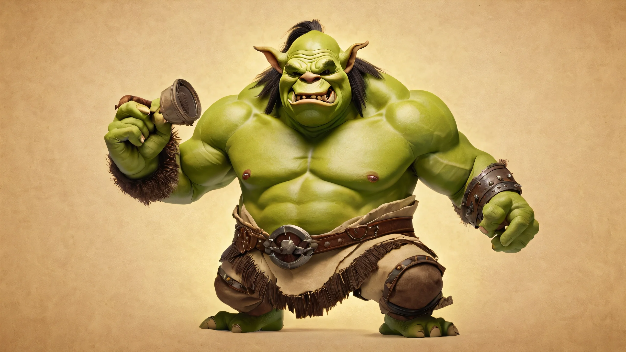 Epic Ogre's Ancient Lair 4K Desktop Wallpaper A beautifully illustrated ogre sits amidst aged paper and dimly lit surroundings with vibrant green hues.