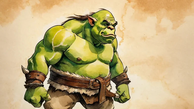 A mystical ogre sits surrounded by ancient parchment and watercolor inks in a dimly lit setting, exuding an air of mystery.