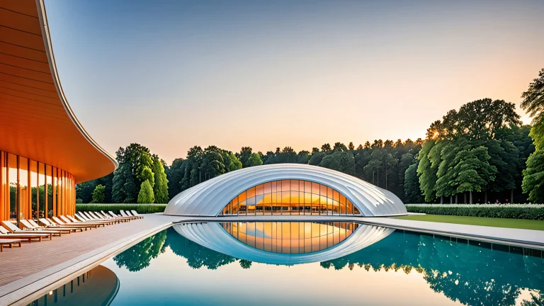 Iconic Olympia Schwimmhalle building with undulating roof and pool reflection at dusk for Desktop/PC