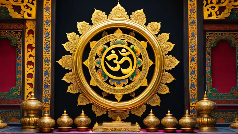 A serene image of a Tibetan Buddhist temple with an om symbol in the center, bathed in soft golden light