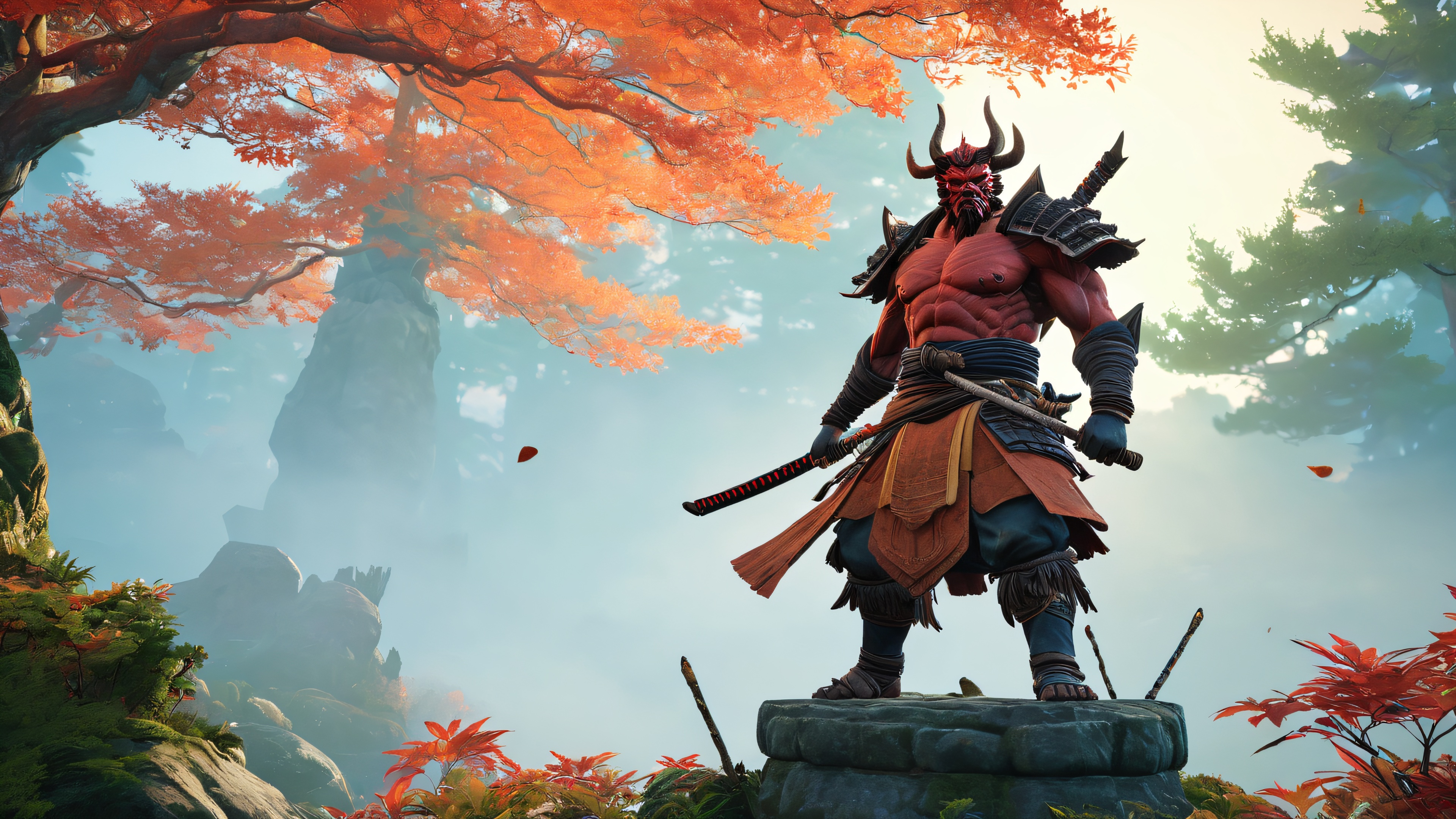 A majestic Oni warrior standing atop a stone pedestal in a mystical forest, with glowing blue eyes and a menacing grin.