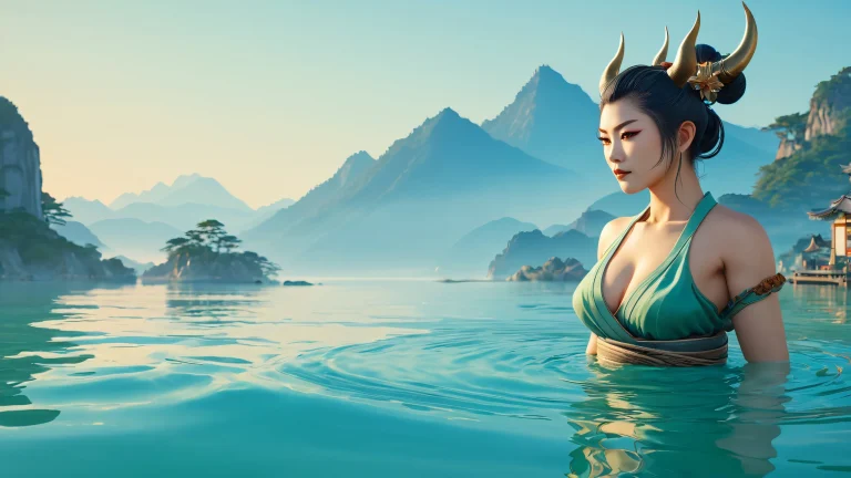 Female Oni in a serene natural landscape with water and vibrant colors.