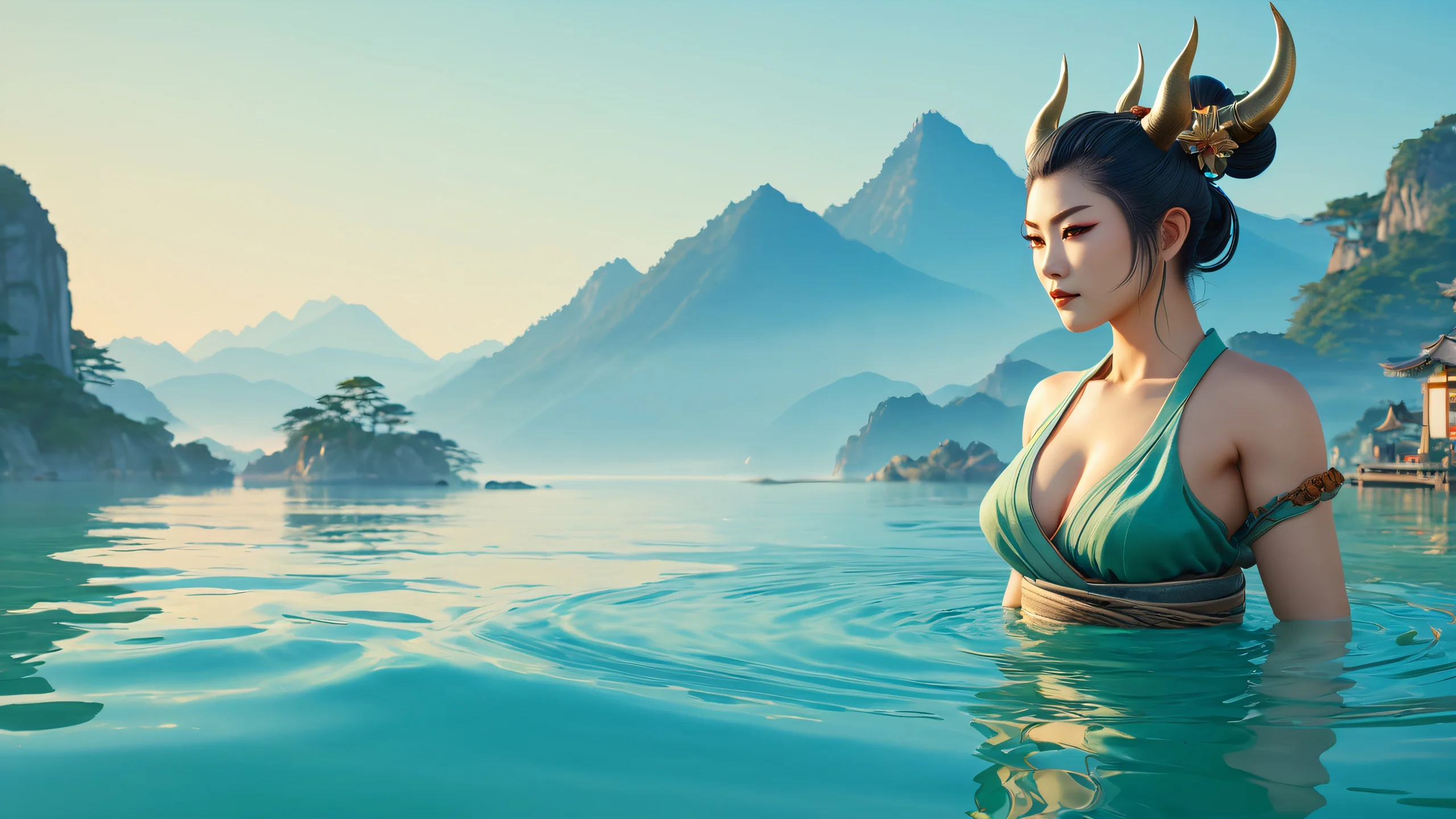Female Oni in a serene natural landscape with water and vibrant colors.