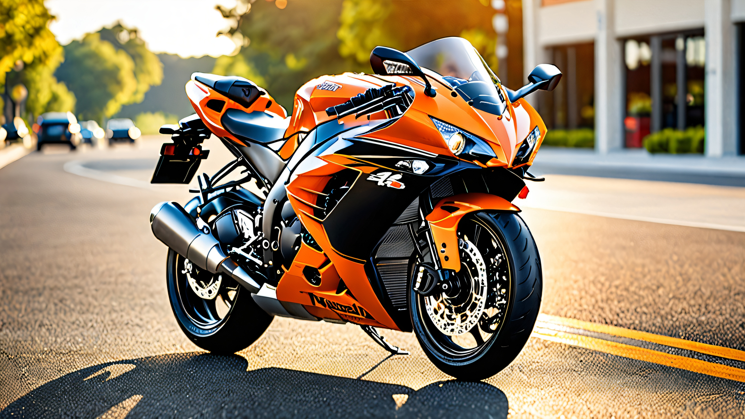 4K Orange Ninja Silhouette Desktop Background A sleek orange and black motorcycle, Kawasaki Ninja ZX-6R, parked on a warm asphalt surface, with subtle background blur, perfect for desktop/pc