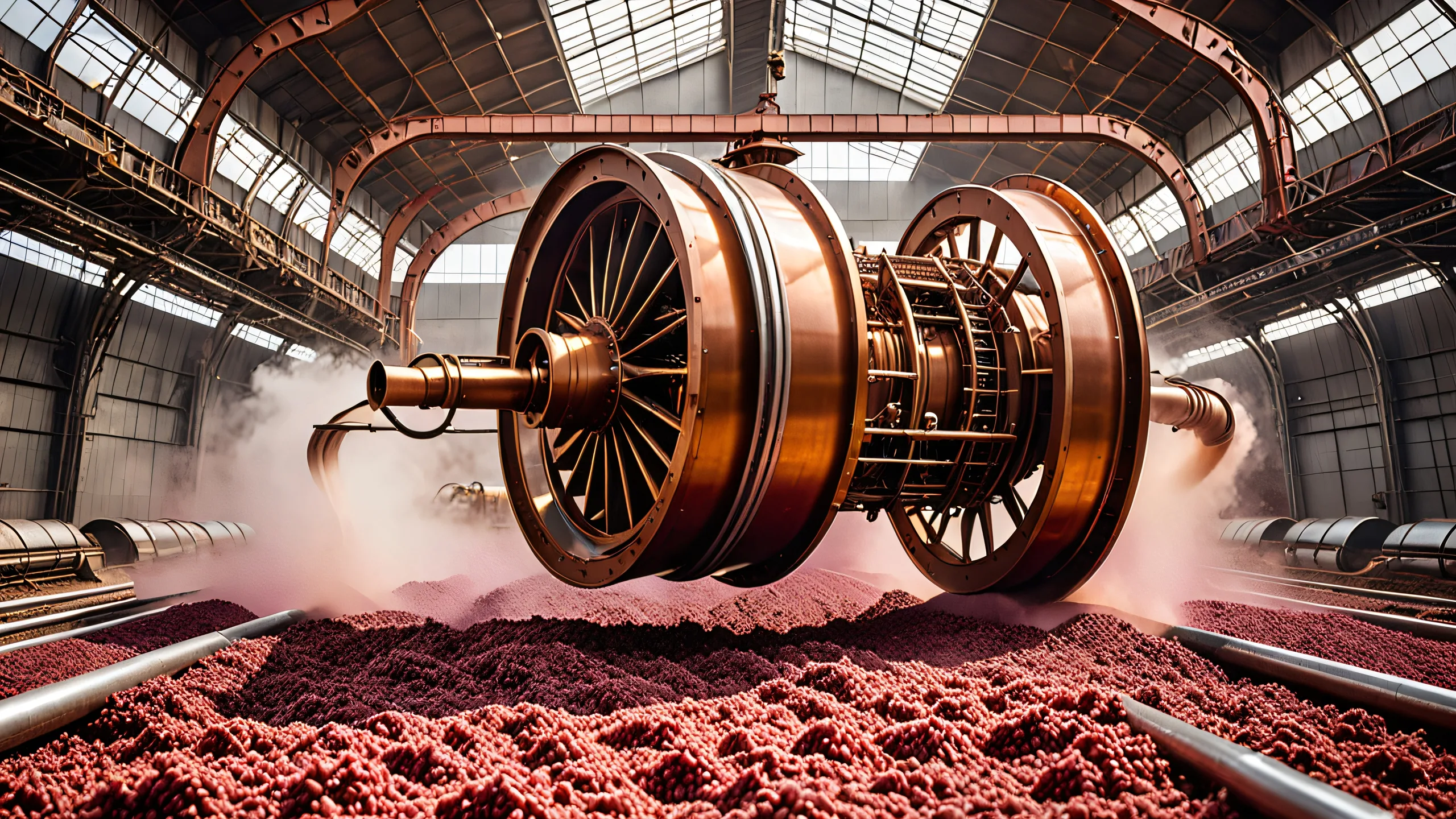 4K Organic Metamorphosis Wallpaper for PC/Mac A futuristic desktop wallpaper featuring a surreal meat plow against a dark industrial backdrop, perfect for a computer or PC.