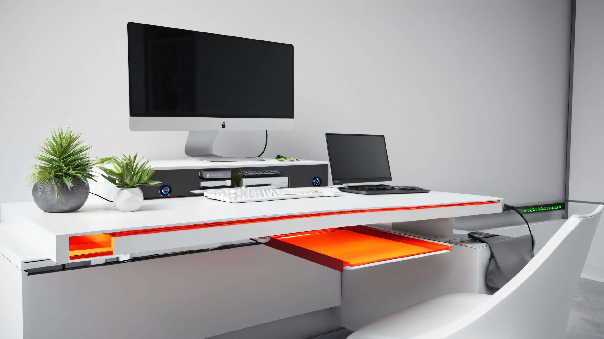 A 4K desktop wallpaper featuring a meticulously organized workstation with clean cable management and modern office space design.