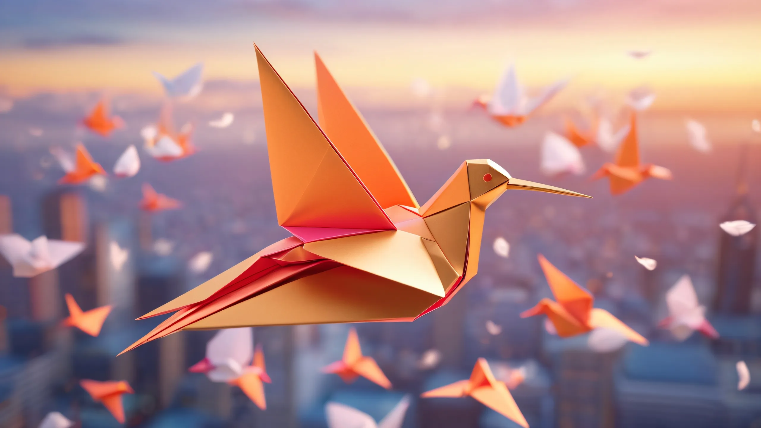 A majestic origami bird suspended mid-air amidst swirling clouds of ones and zeros on a serene desktop/pc background.