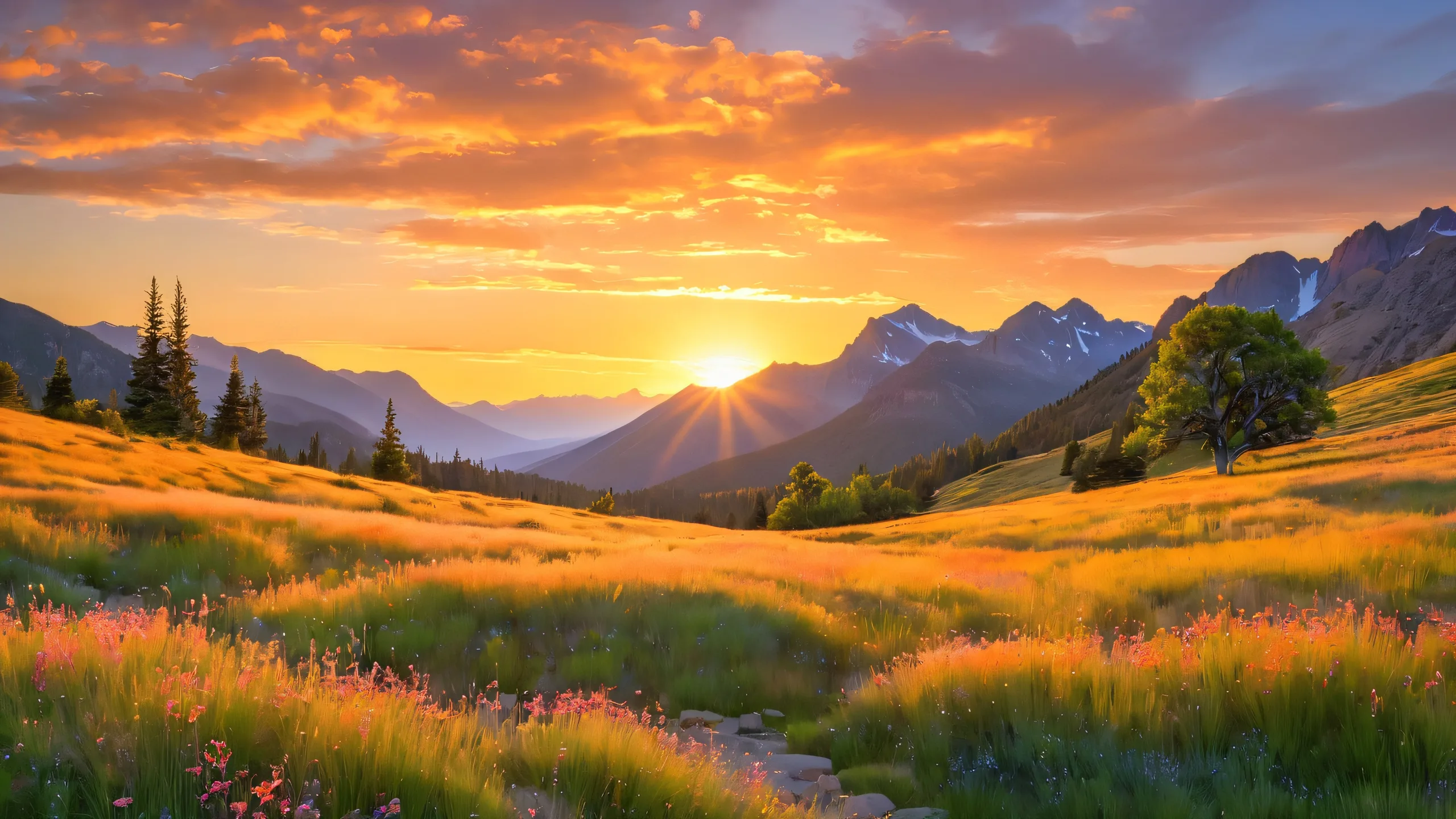 Sunset Majesty Peak 4K UHD Widescreen Rugged peak desktop wallpaper with golden sunset sky, wispy clouds, and lone tree against serene alpine meadow. For Desktop/PC.