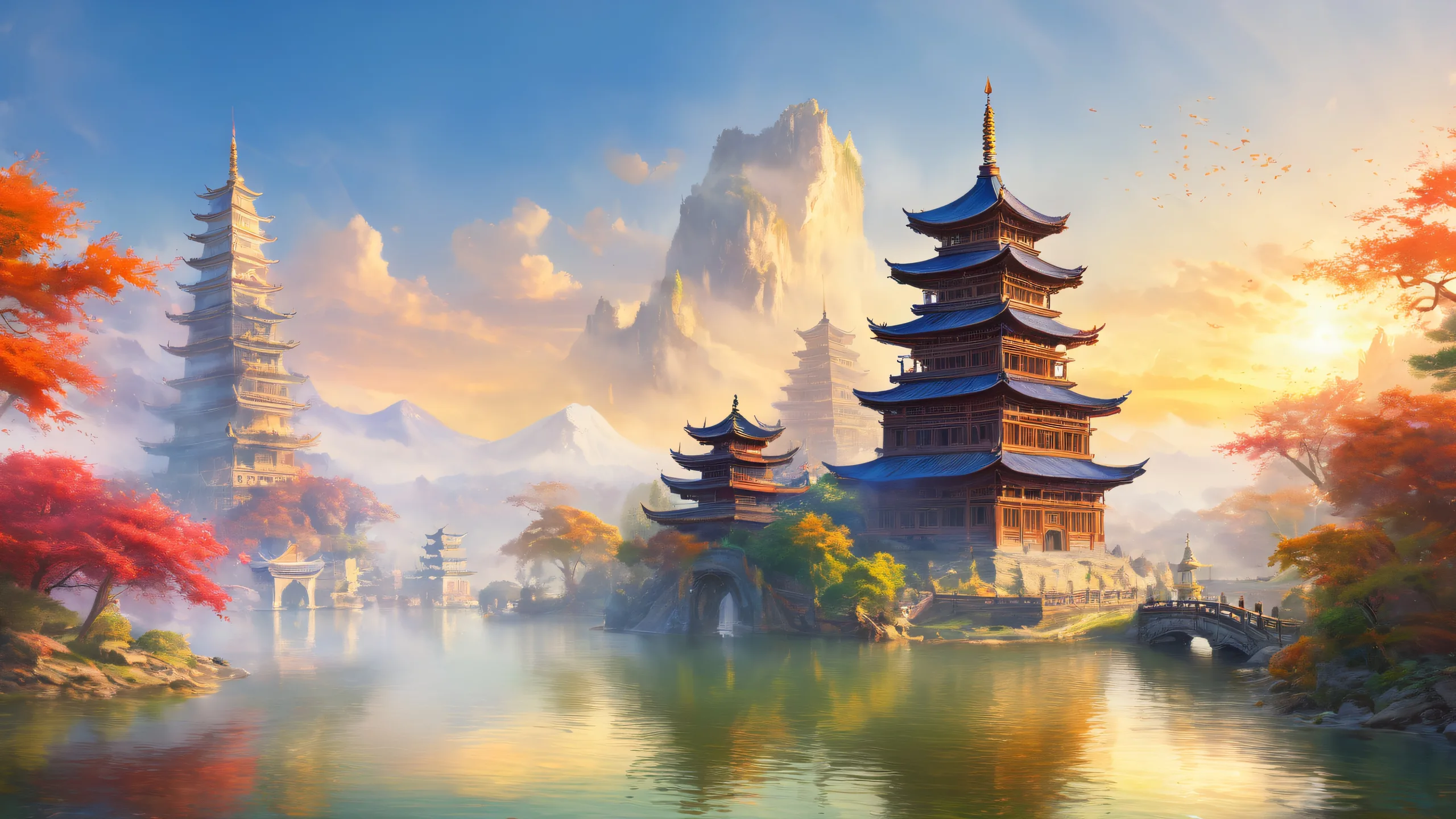 Stunning Ethereal Pagoda Sunrise Wallpaper A stunning desktop wallpaper of a majestic pagoda in the misty dawn light on a fantasy world, suitable for Desktop/PC screens.