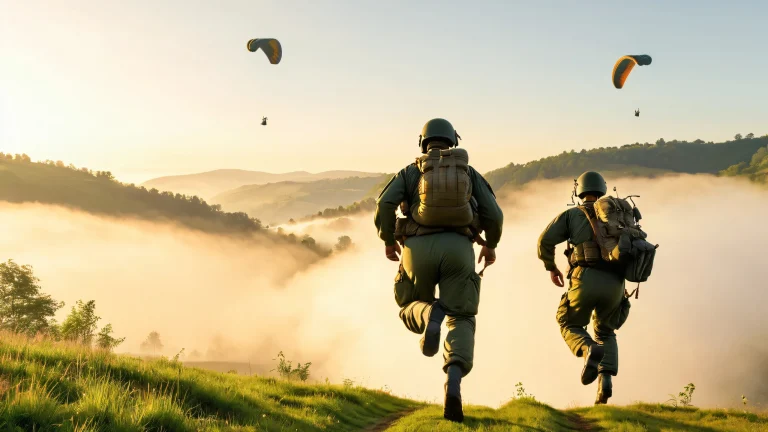 3rd RPIMa Paratroopers leap from C-130J Super Hercules into misty dawn skies over Brittany's rural countryside and forests.