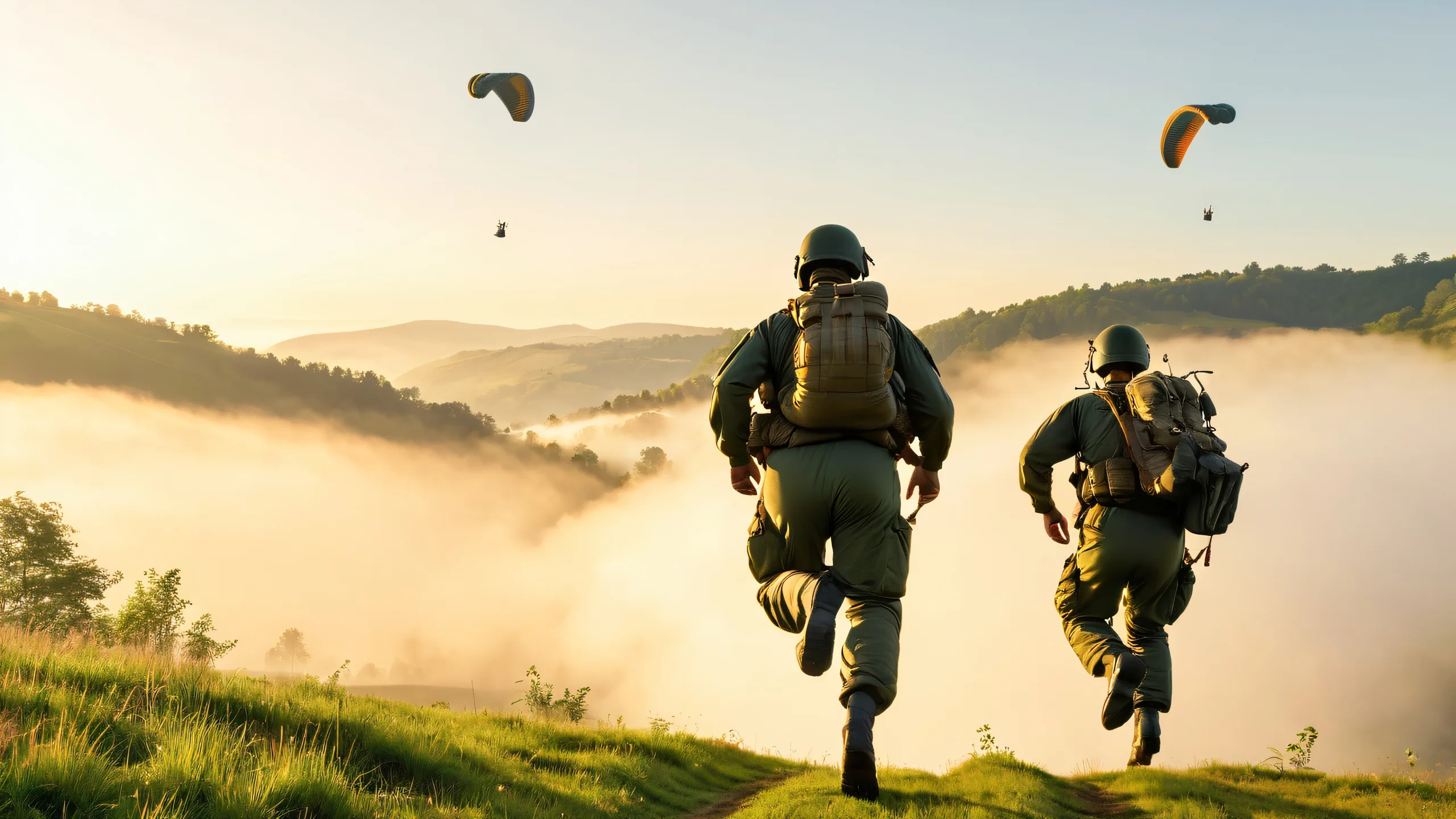 Stunning Paratroopers Descend on Brittany Dawn 4K Wallpaper 3rd RPIMa Paratroopers leap from C-130J Super Hercules into misty dawn skies over Brittany's rural countryside and forests.