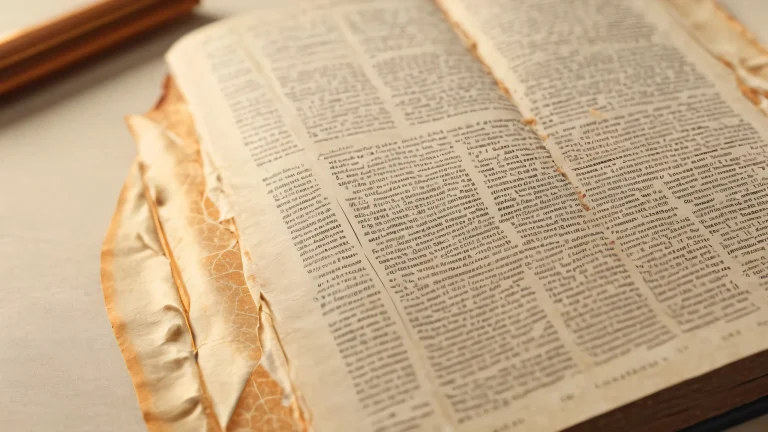 A hyper-realistic depiction of an old book page with a near-monochrome parchment palette and muted rust accent, showcasing exceptional detail and masterful lighting.