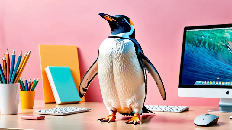 A whimsical illustration of a penguin surrounded by vibrant pastel colors and office elements, with high levels of detail and texture.