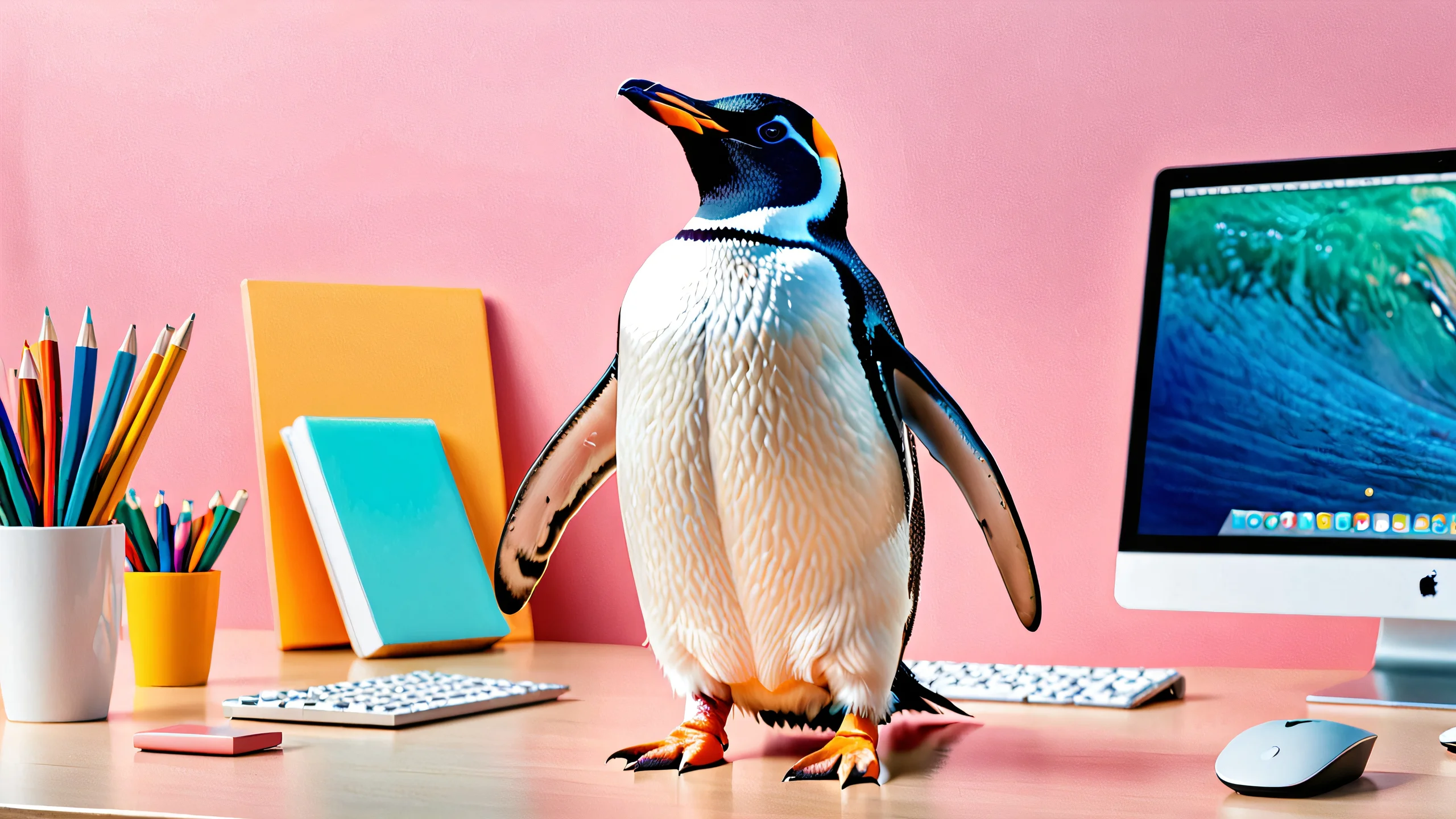 Aesthetic Pastel Penguin Oasis Background A whimsical illustration of a penguin surrounded by vibrant pastel colors and office elements, with high levels of detail and texture.