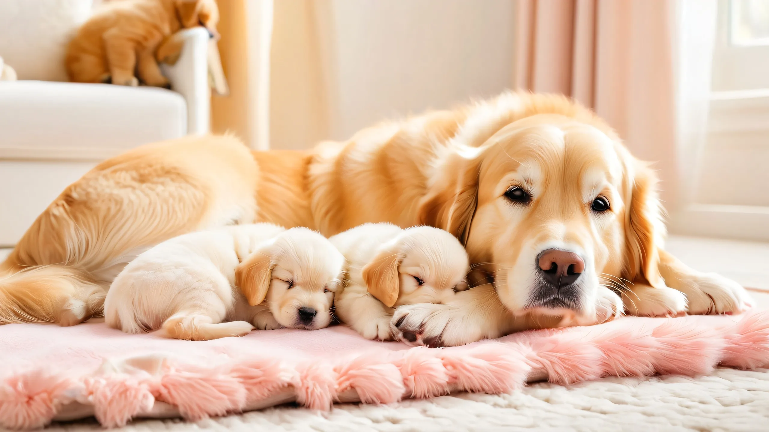 Pawprints on the Nursery Rug Aesthetic PC Wallpaper A serene golden retriever mother lying on a cream-colored rug with her growing belly and adorable puppies, perfect for desktop/pc background.