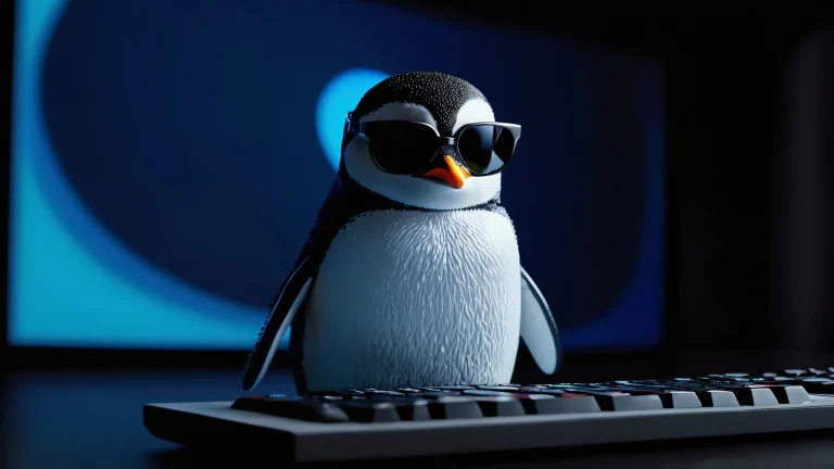 A penguin wearing sunglasses and a hawaiian shirt working on a computer with intricate details.