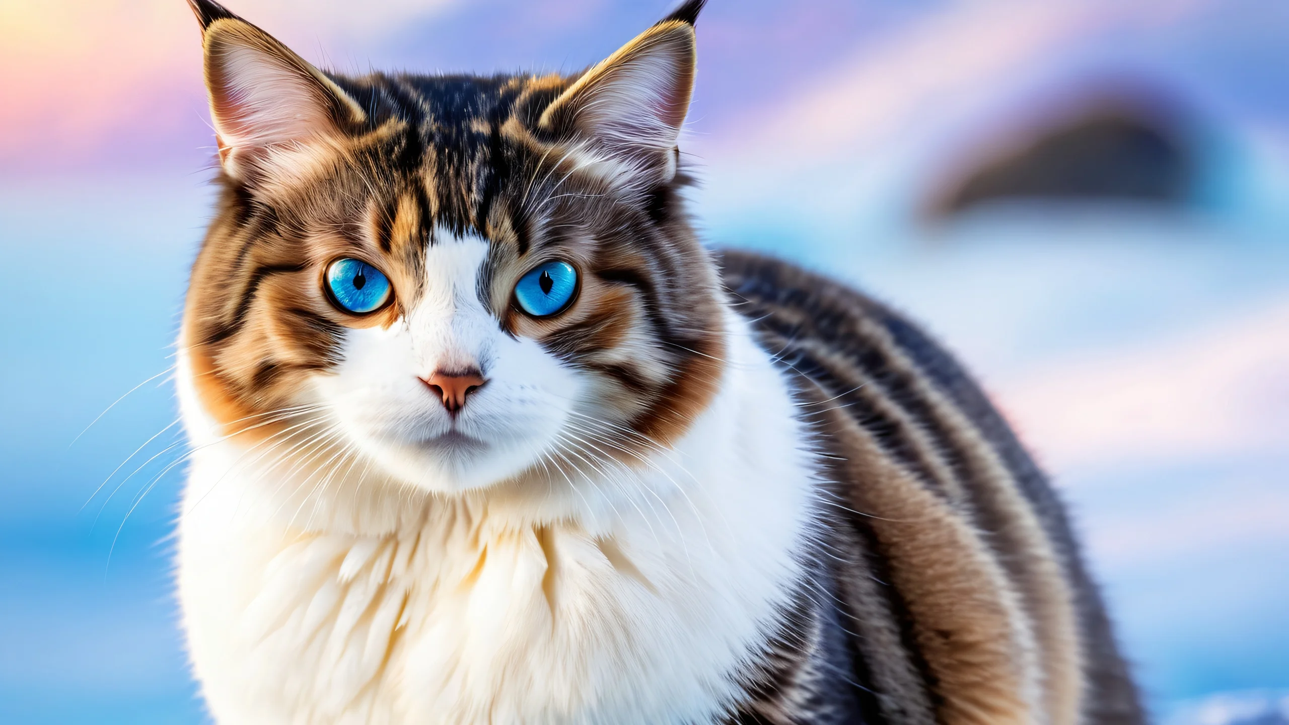 Highly detailed illustration of a penguin-tabby cat hybrid in a natural environment with vibrant colors and textures.