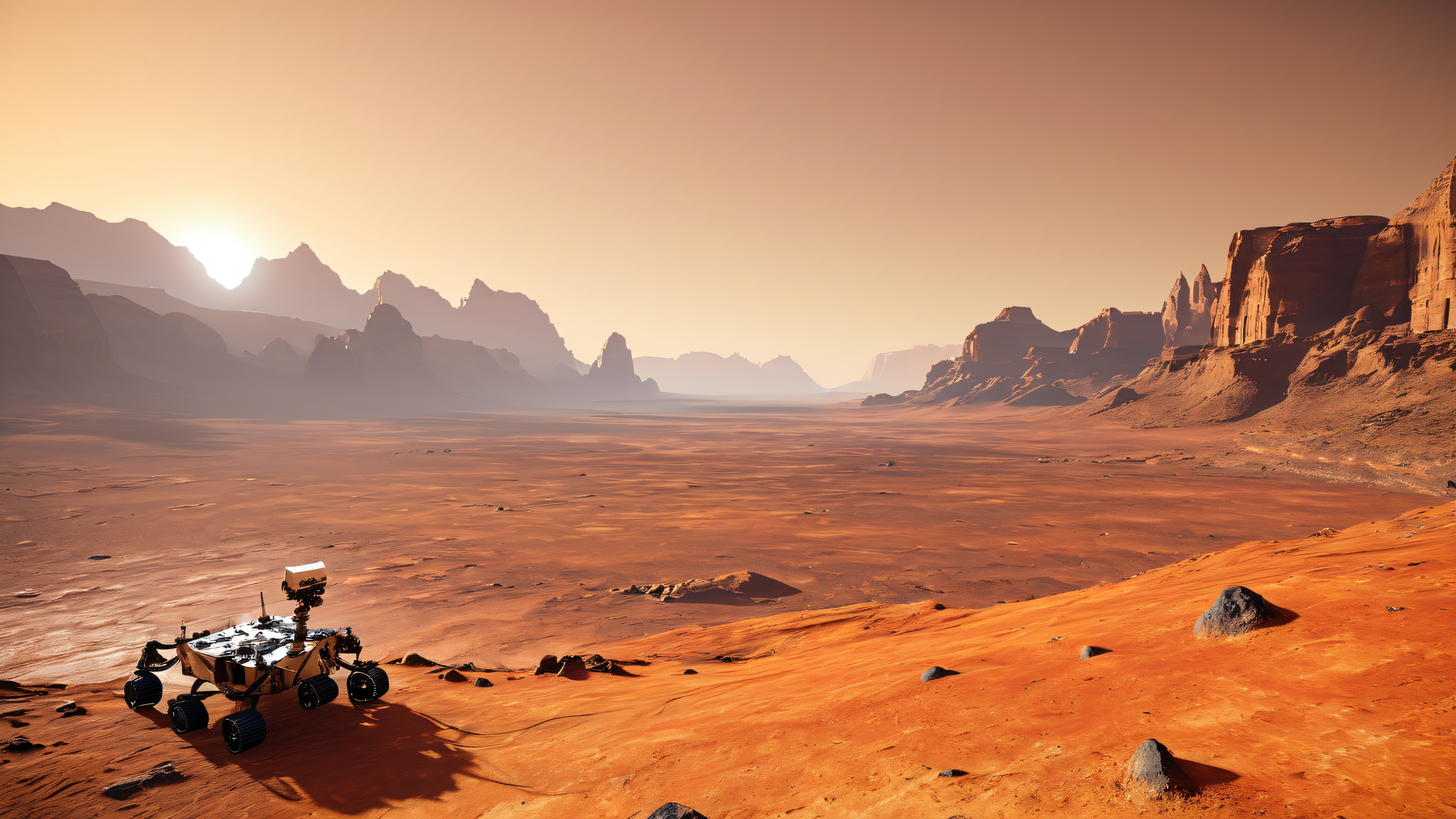 Perseverance rover lands on the Martian surface amidst a crimson-hued landscape of ancient riverbeds and rock formations.