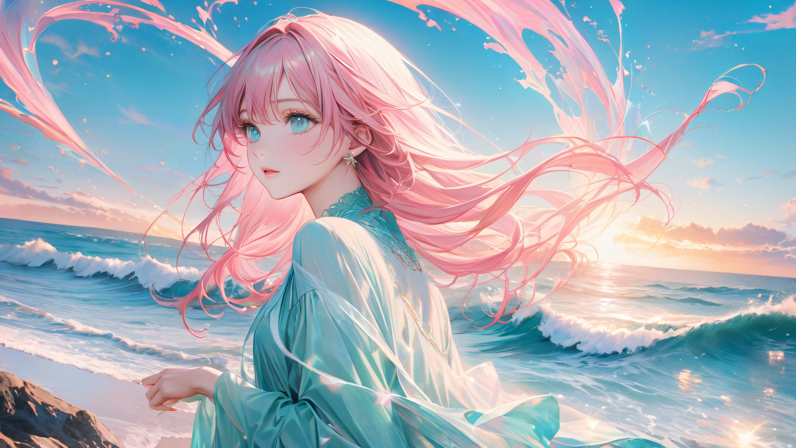 Pink Hair Ocean Goddess 4K UHD Wallpaper Anime girl with pink hair resting by the ocean, contemplating life's mysteries.