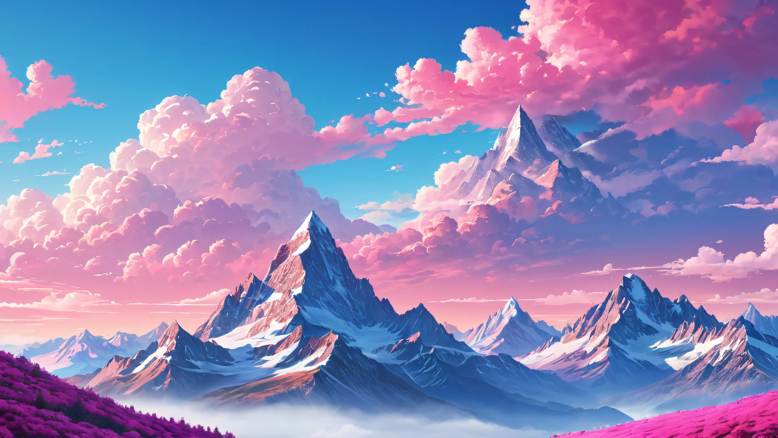 A serene pink-hued mountain landscape at sunrise with intricately illustrated details and a vast blue sky.