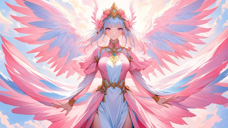 A stunning anime-inspired desktop wallpaper featuring a woman in traditional Japanese cosplay attire with pink and white colors.