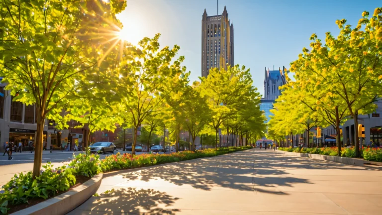 Breathtaking urban desktop wallpaper of Pittsburgh's revitalized downtown scene with blooming flowers and greenery. Suitable for Desktop/PC.