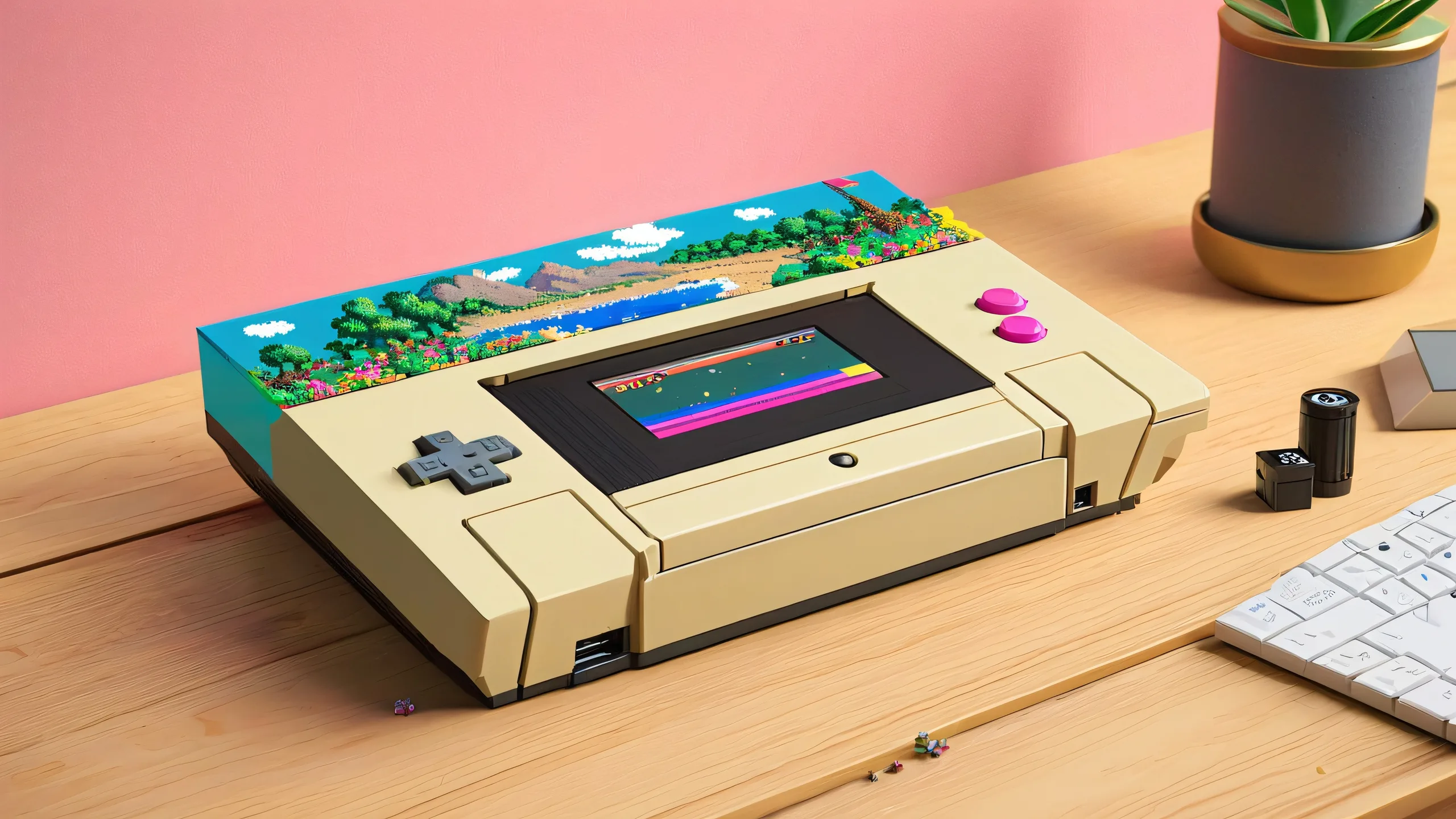 A nostalgic desktop wallpaper featuring a worn-out retro game cartridge with pixel art characters and landscapes scattered across the desk surface. Desktop/PC.