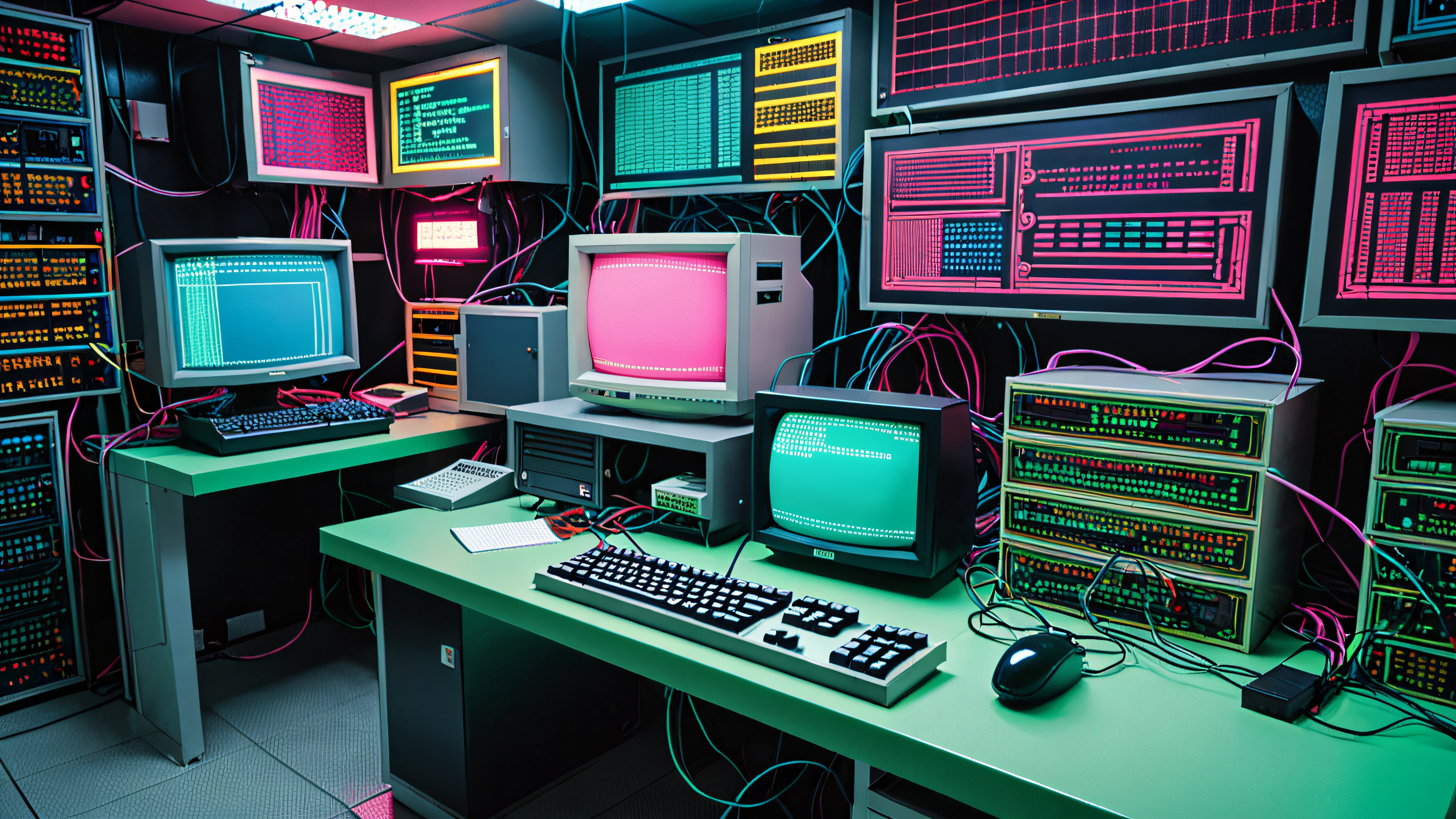 A vintage IBM-style computer monitor displaying a cryptic error message'Prototype Revisited Soon' on a cracked and worn surface, surrounded by flashing cursors and glitchy graphics in a dimly lit laboratory or workstation.