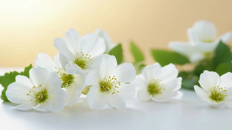 A cluster of delicate flowers in a block-inspired arrangement against a minimalist negative space background.