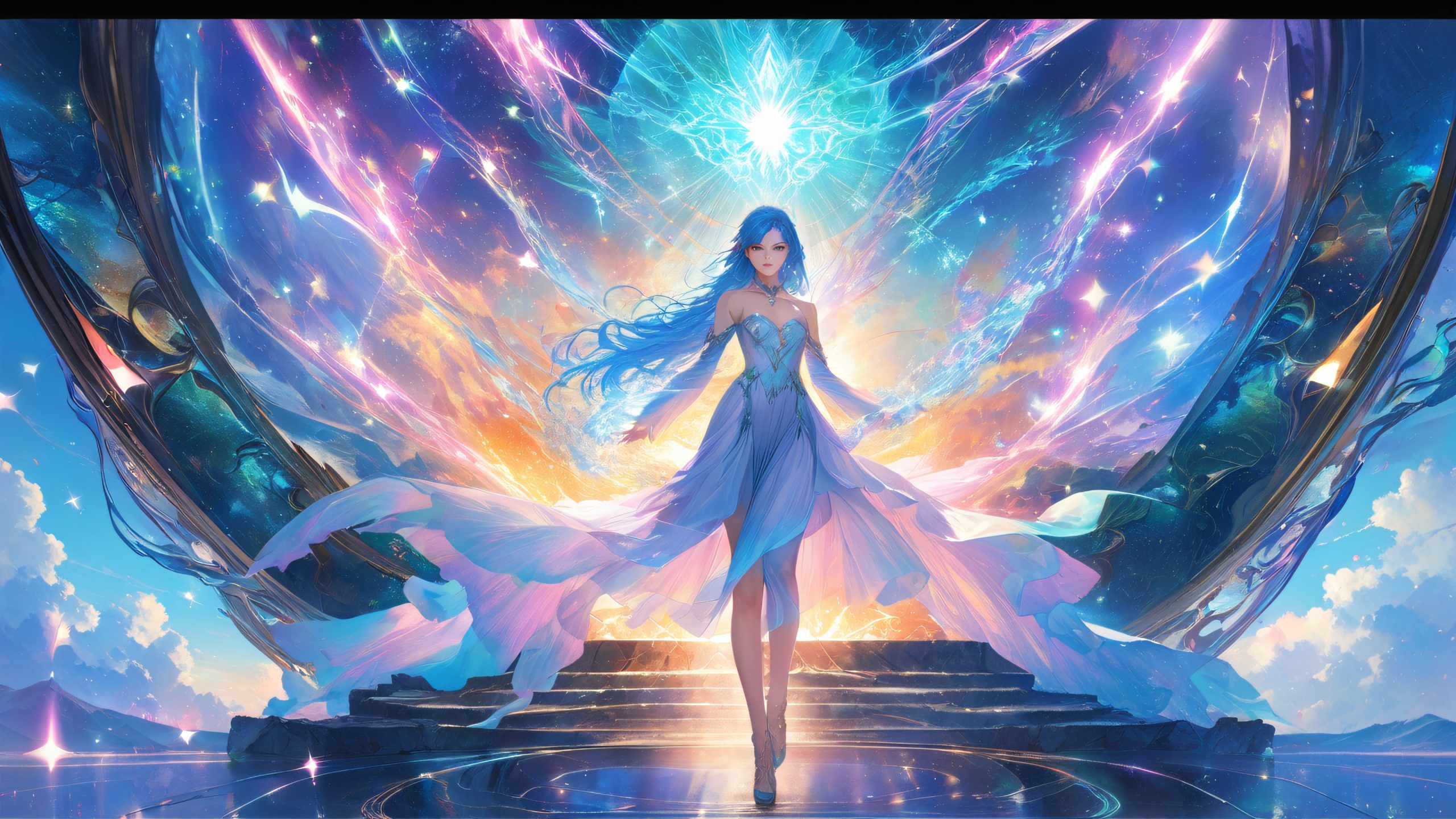 A young woman with striking blue hair guides a dimensional traveler across the threshold of a shimmering portal, set against an ethereal landscape with glowing runes and wispy energy tendrils. Desktop/PC.