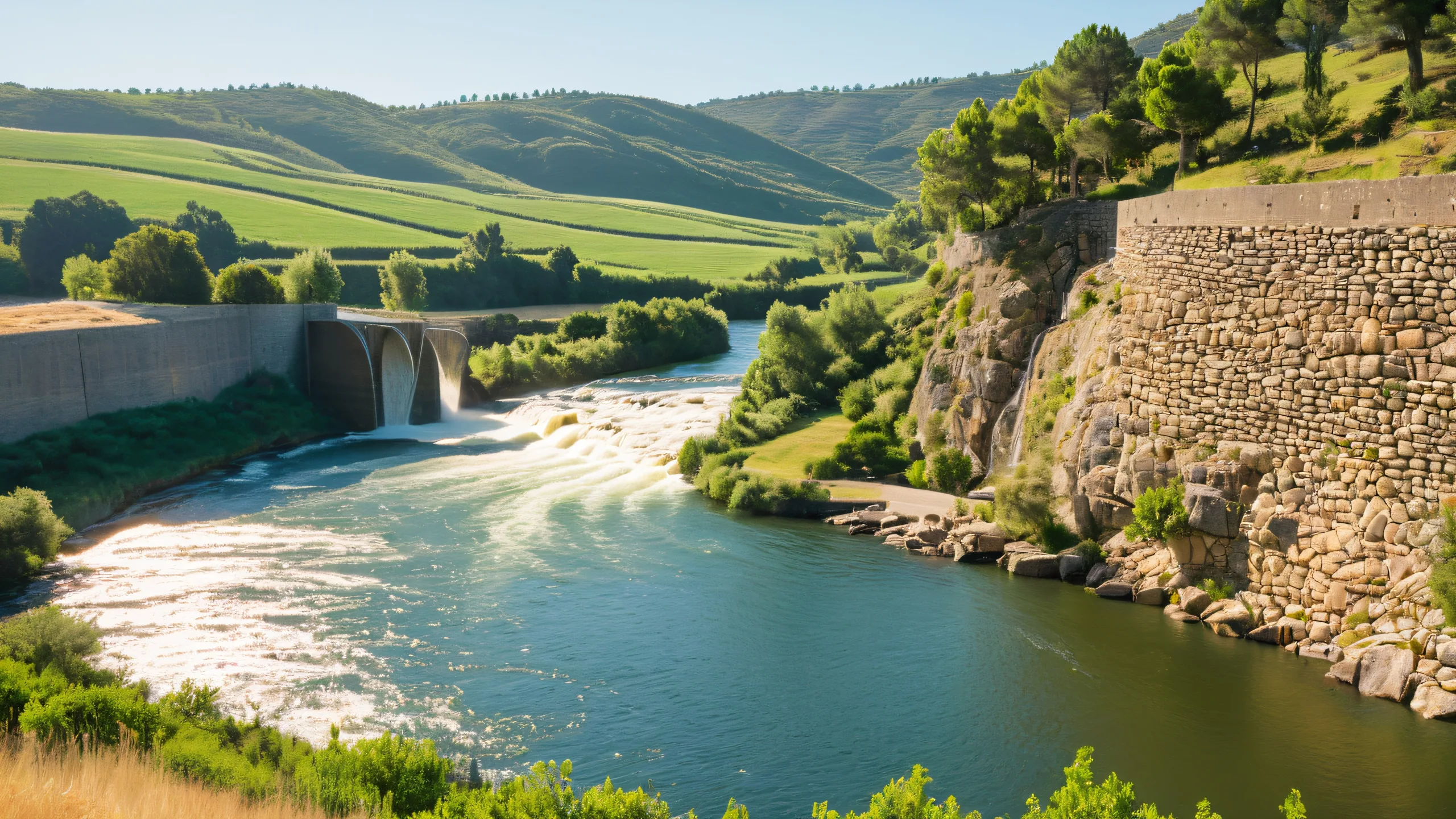 Portuguese Countryside Release Aesthetic PC Wallpaper Serene dam release in Portuguese countryside on desktop/pc with lush greenery and rustic farmland.