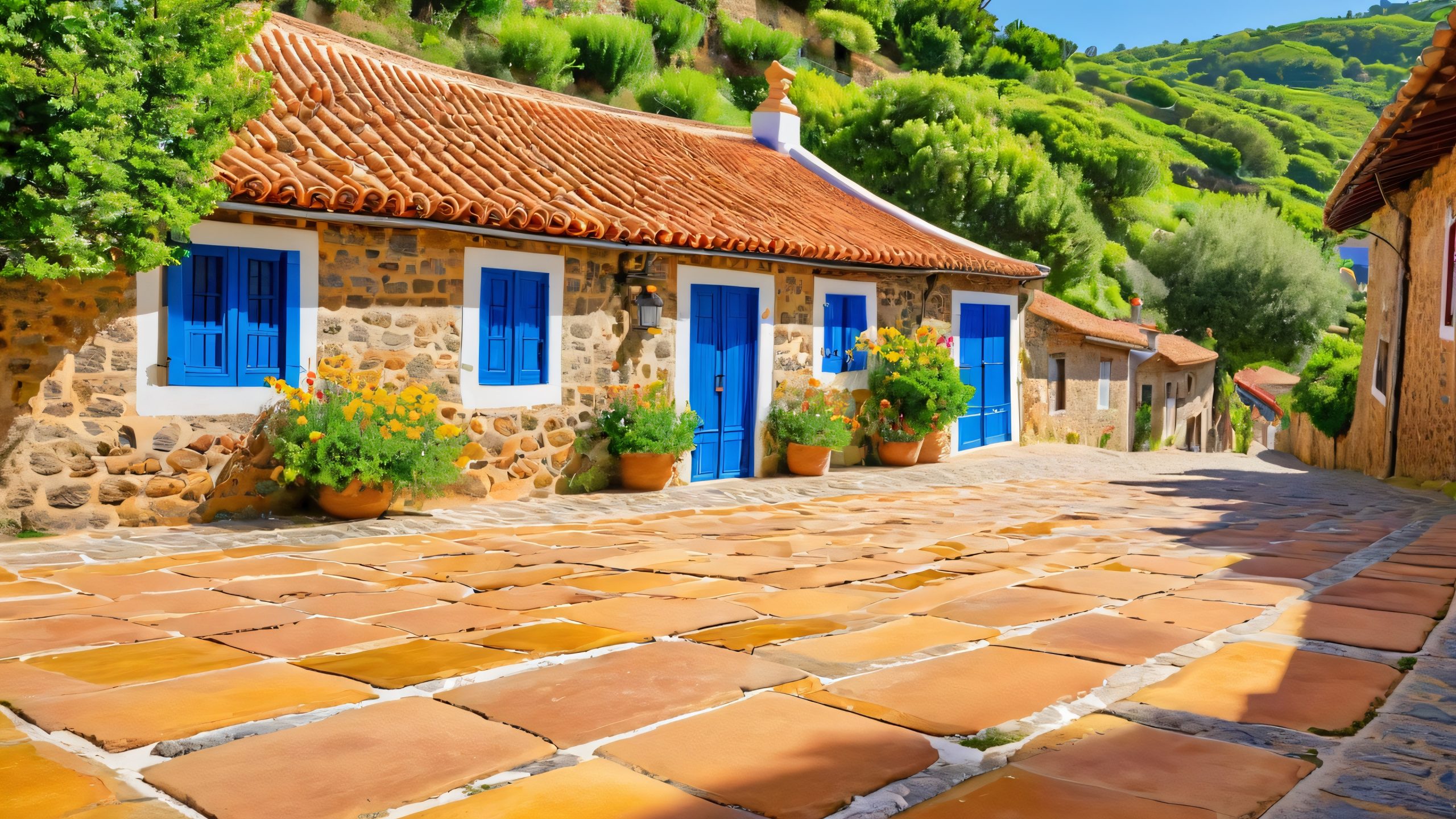 4K Portuguese Village Charm Desktop Background Quaint stone houses with red-tiled roofs surrounded by lush greenery and overflowing flower boxes on a warm sunny day in late spring for Desktop/PC.