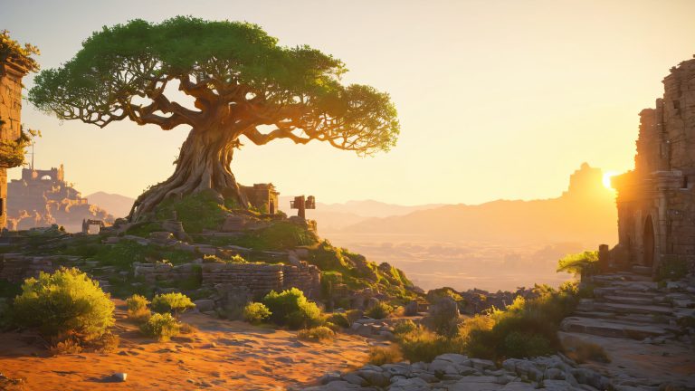 post apocalyptic fantasy wallpaper majestic tree warrior 4k scaled