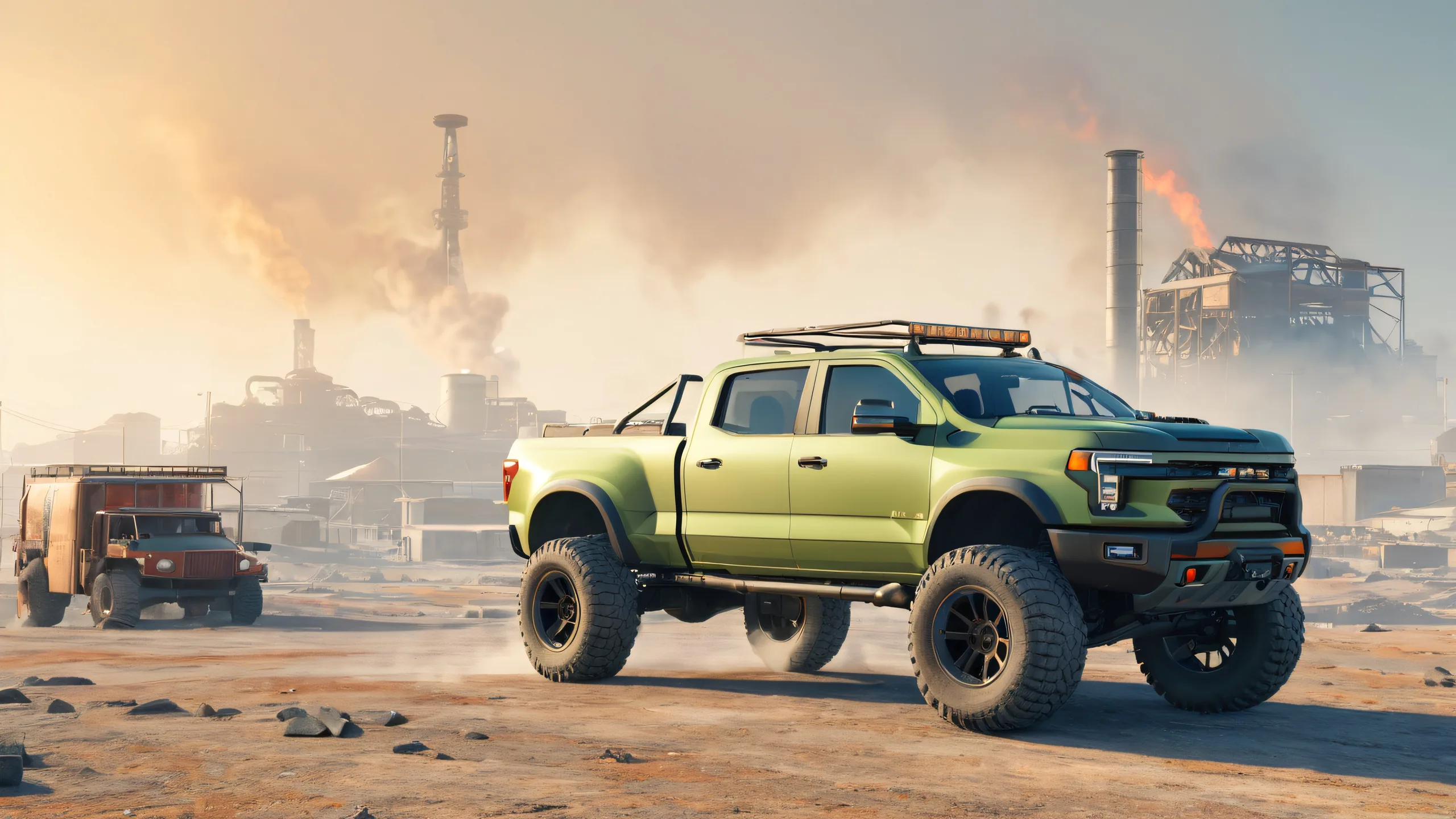 A rugged pickup truck parked in front of a gritty industrial landscape with abandoned buildings and scattered debris, suitable for desktop/pc use.