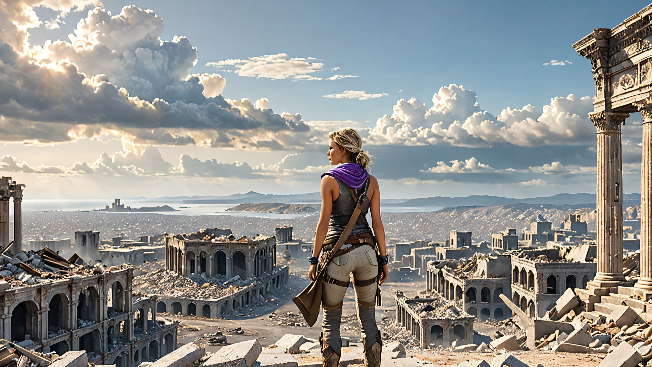 Epic Post-Apocalyptic Solitude 4K Desktop Wallpaper A lone female survivor standing amidst post-apocalyptic ruins, gazing at the horizon.