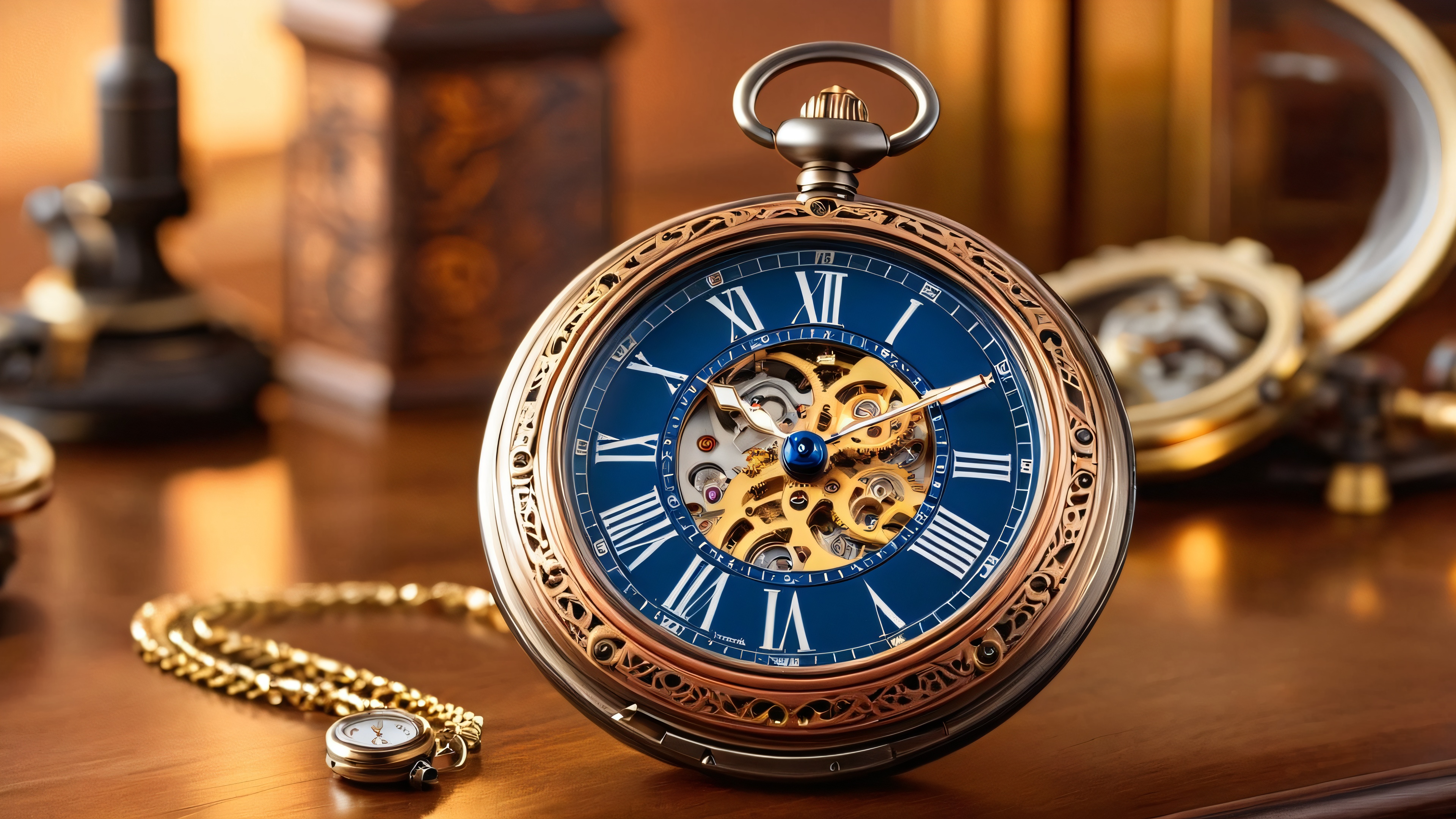 High-quality 4K wallpaper featuring intricate pocket watches and mechanical components in a vintage-inspired clockmaker's workshop