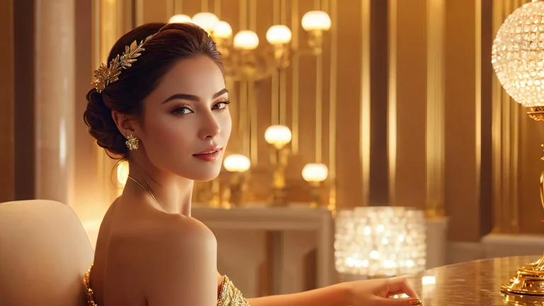A regal woman surrounded by opulent riches in a cinematic setting with subtle golden illumination.