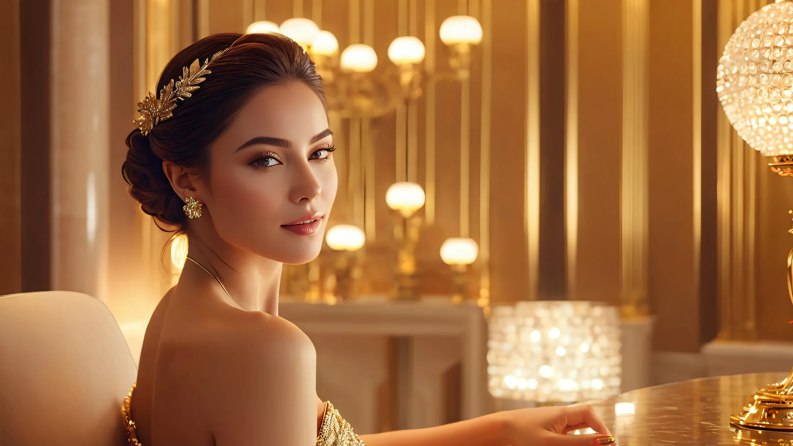 Stunning Regal Mistress of Opulence 4K Wallpaper A regal woman surrounded by opulent riches in a cinematic setting with subtle golden illumination.