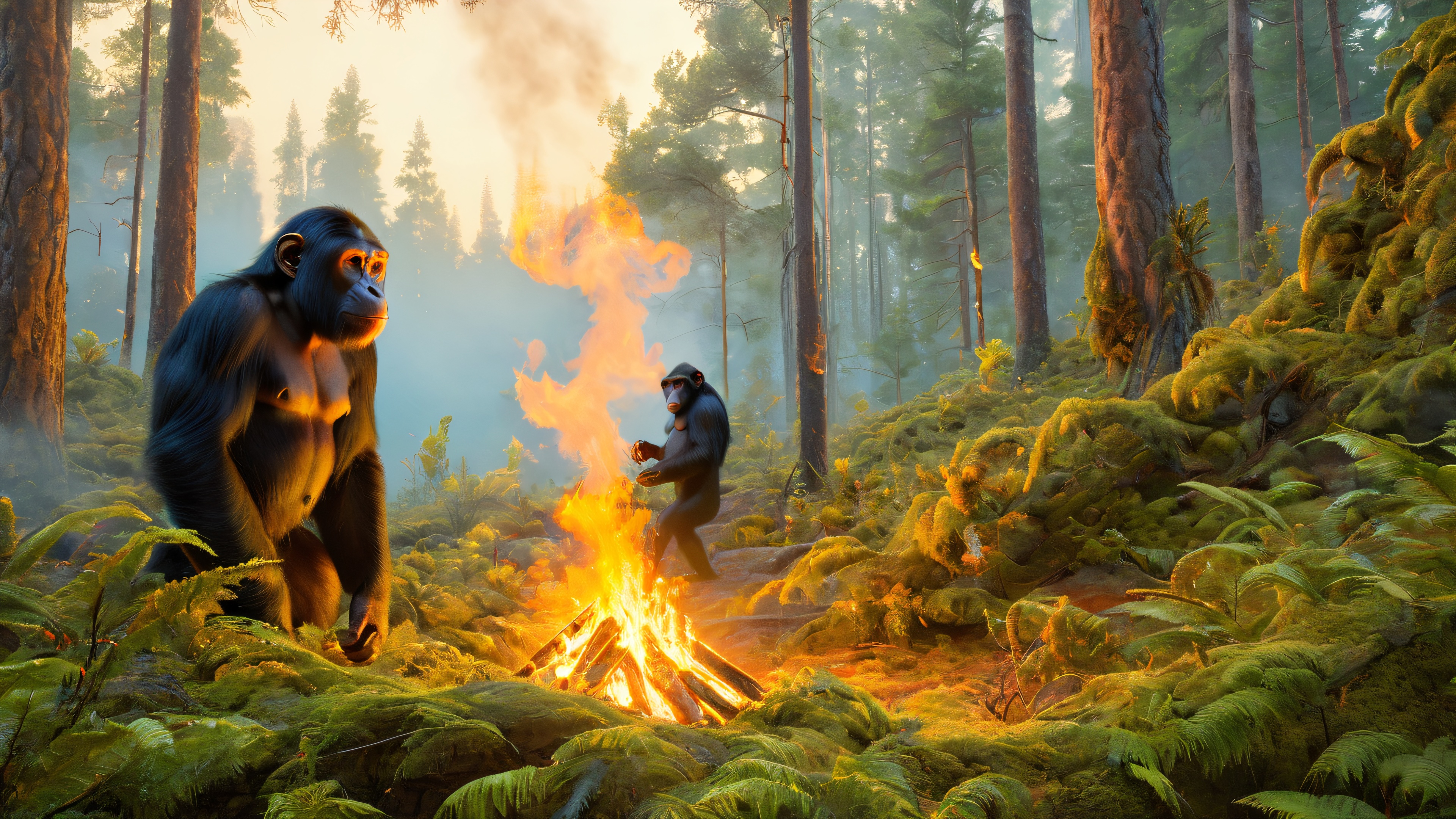A group of apes gathered around a glowing fire in a misty, surreal forest, with twisted trees and underbrush