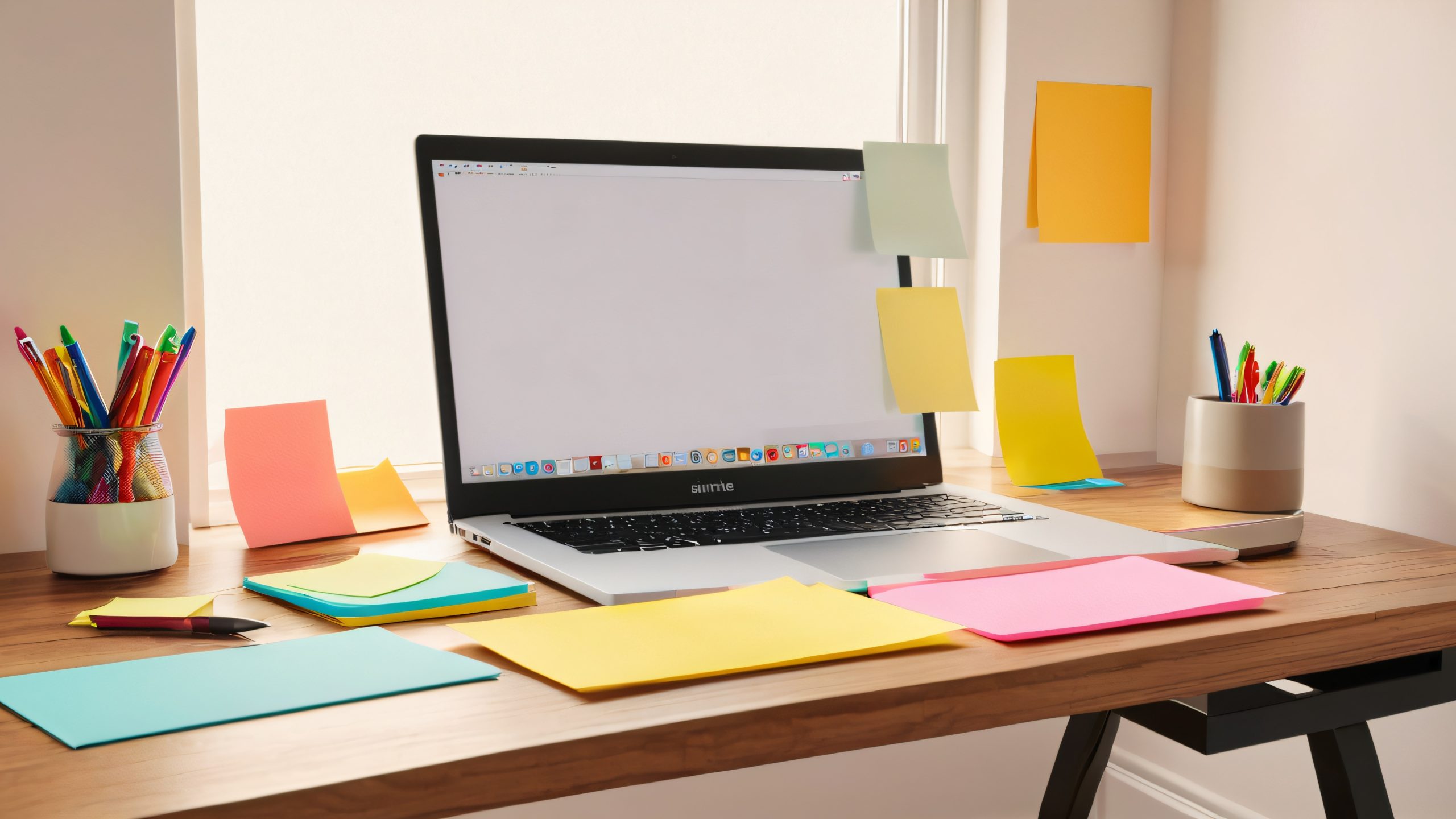 4K Product Photography Journey Desktop Background Minimalist workspace with laptop, notes, and pens on wooden desk in a well-lit home office for desktop or PC