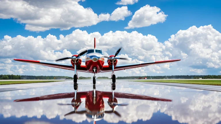 Single-engine propeller aircraft on a wet runway with a mirror-like reflection in the puddle against a blue sky and cumulus clouds.